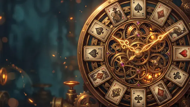 A brass clock whose dial is made of playing cards