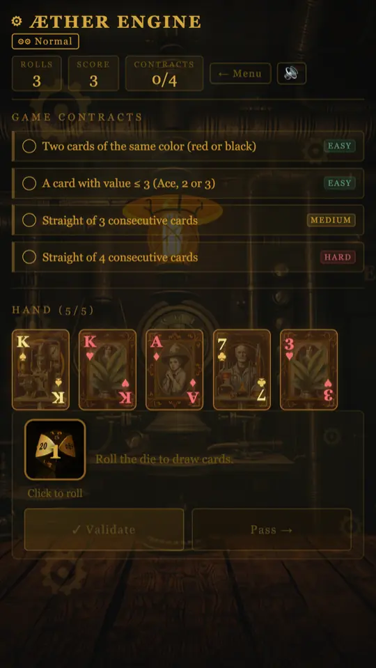 A game of Æther Engine: open contracts above, the hand of cards below