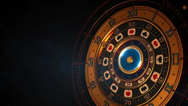 A golden orrery ring set with card suits, glowing blue at its centre