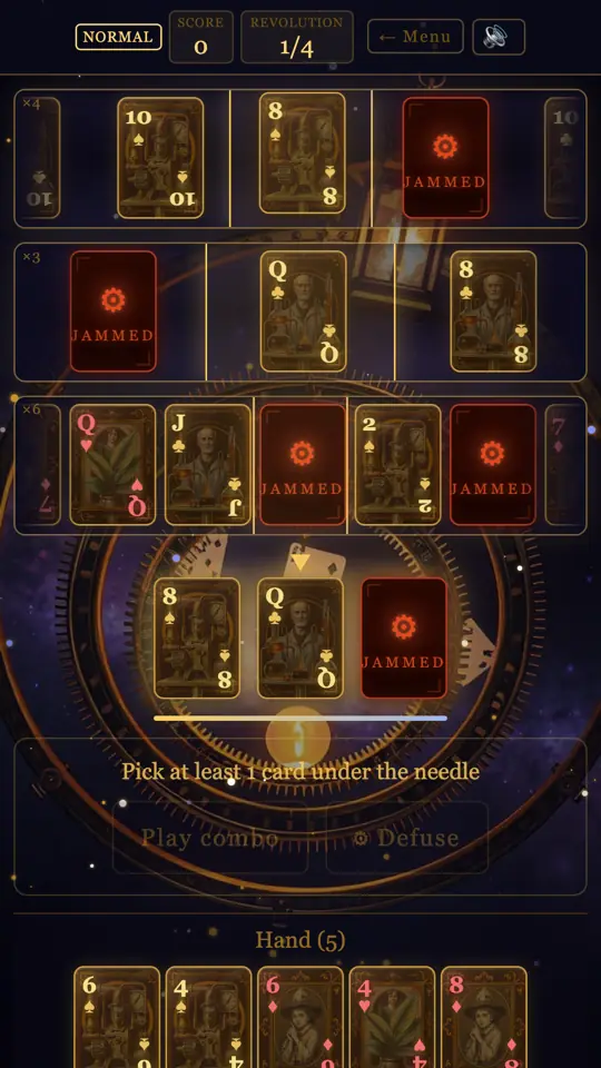 Cards on the rings of the orrery, the hand ready below