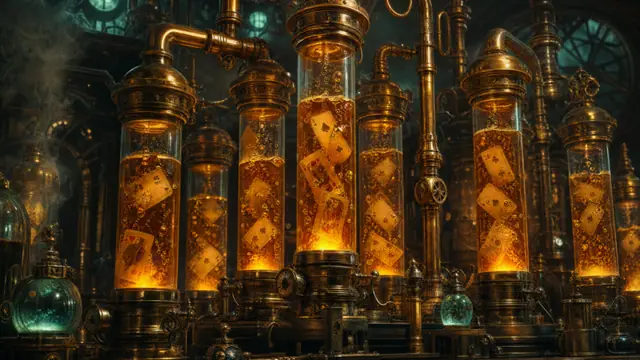 A row of glowing glass siphons full of falling cards