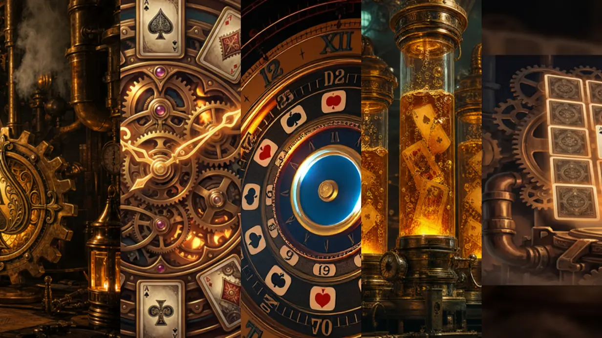 Five steampunk panels side by side: gears, a card clock, an orrery, glowing siphons and a card grid