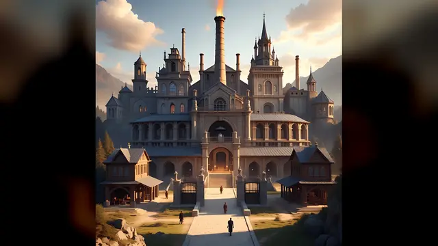 Un château de fantasy avec une cheminée de forge, au coucher du soleil