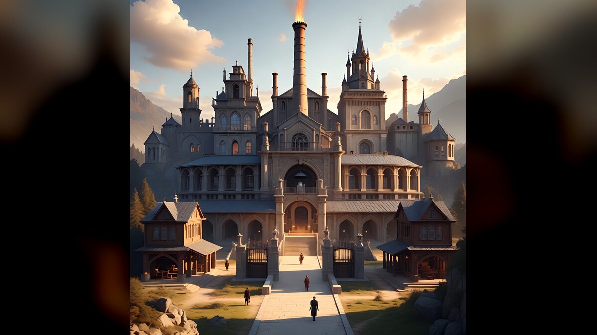 Un château de fantasy avec une cheminée de forge, au coucher du soleil