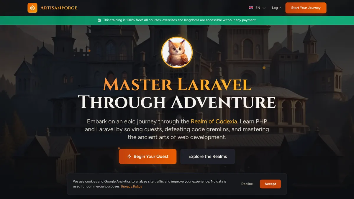 Page d'accueil d'ArtisanForge : Master Laravel Through Adventure