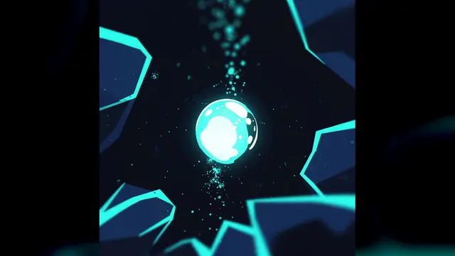 Une bulle lumineuse qui monte entre des rochers cyan déchiquetés