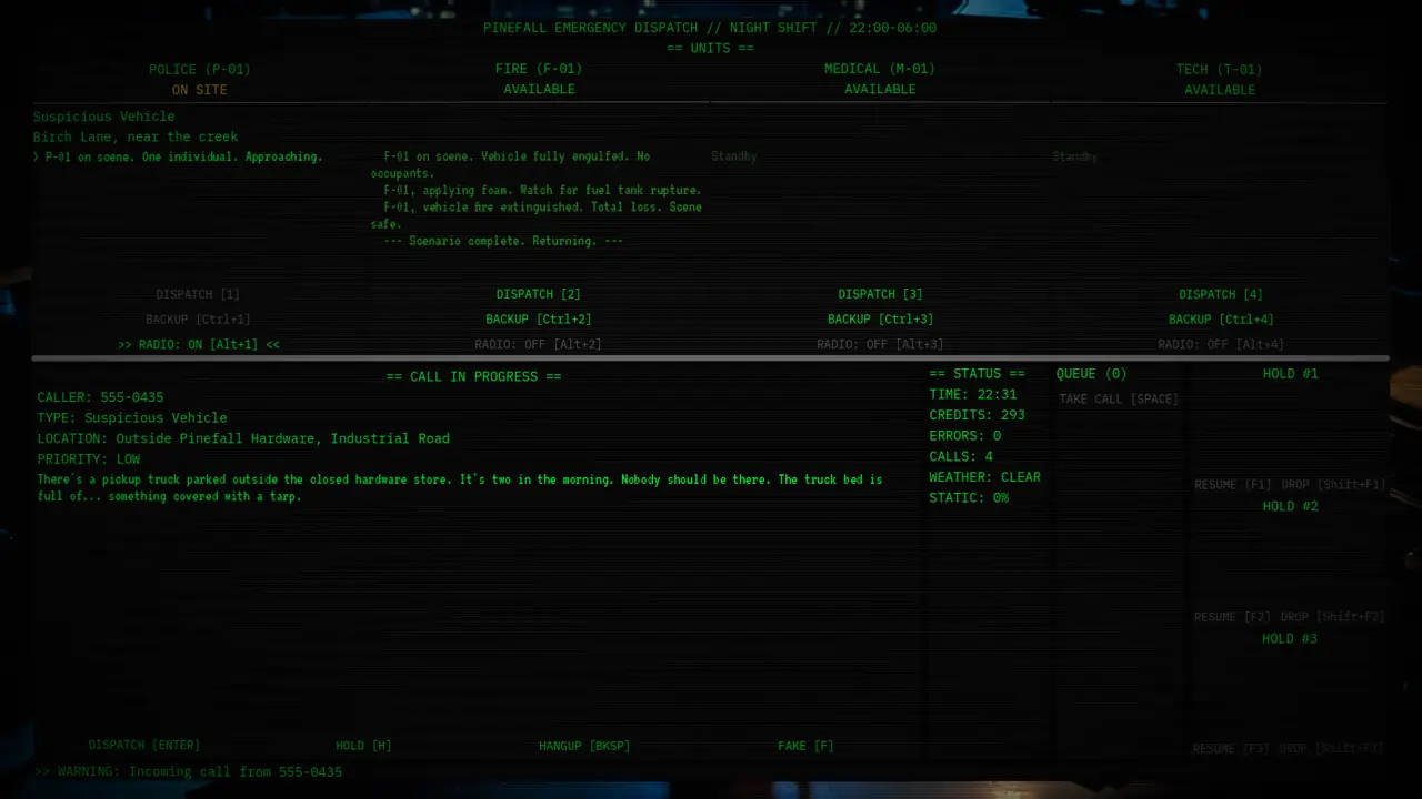 The green dispatch console with a call in progress