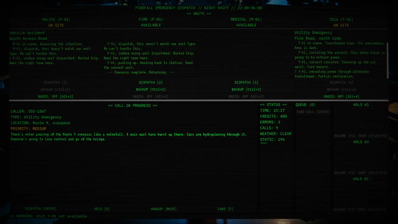 A busy shift: calls stacking up on the terminal
