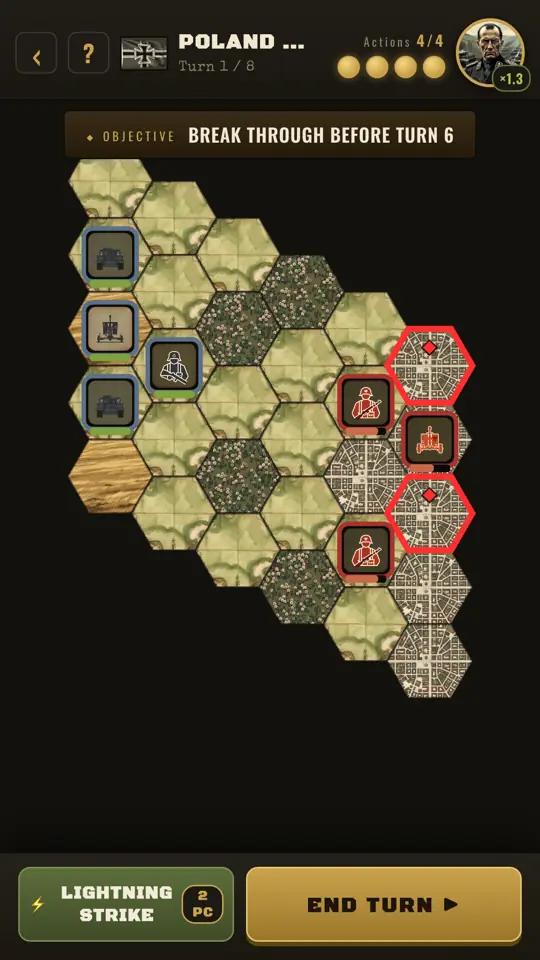 A battle in Poland 1939 on the hex map, enemy units outlined in red
