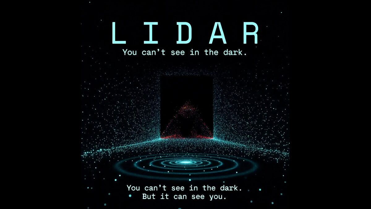 Le mot LIDAR au-dessus d'un anneau de points lumineux dans le noir