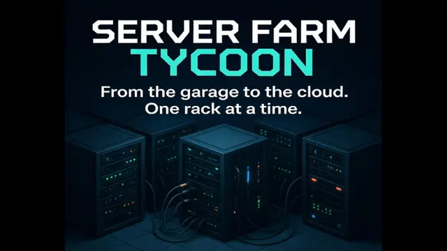 Le titre de Server Farm Tycoon au-dessus de rangées de baies de serveurs lumineuses