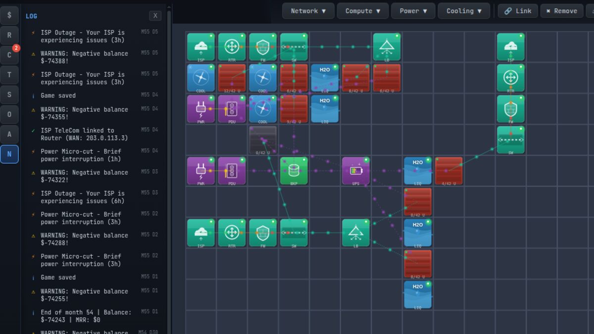 Le titre de Server Farm Tycoon au-dessus de rangées de baies de serveurs lumineuses