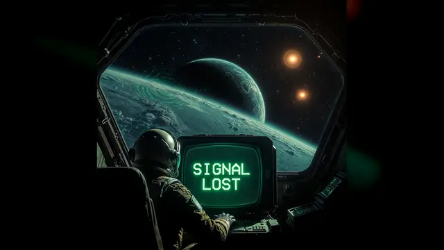 Un astronaute regarde une planète par un hublot, un écran affiche SIGNAL LOST