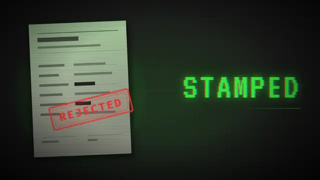 A form stamped REJECTED in red next to the word STAMPED in green terminal letters