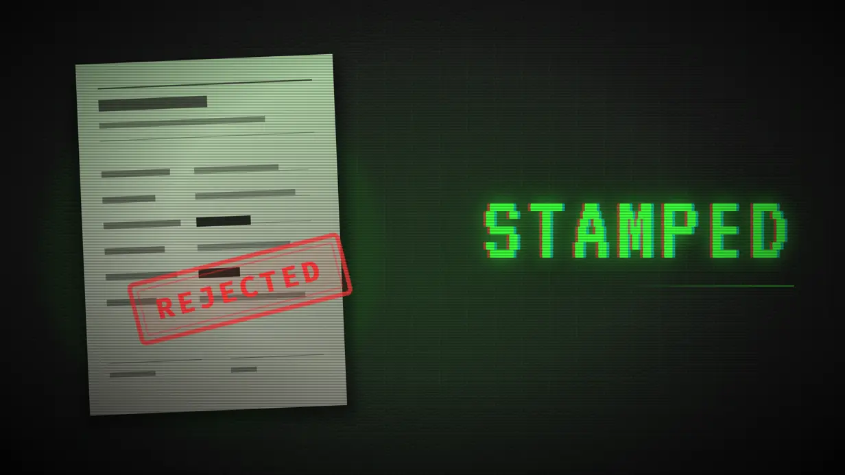 A form stamped REJECTED in red next to the word STAMPED in green terminal letters