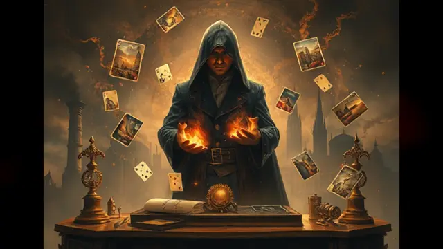 Une silhouette encapuchonnée entourée de cartes flottantes et de flammes