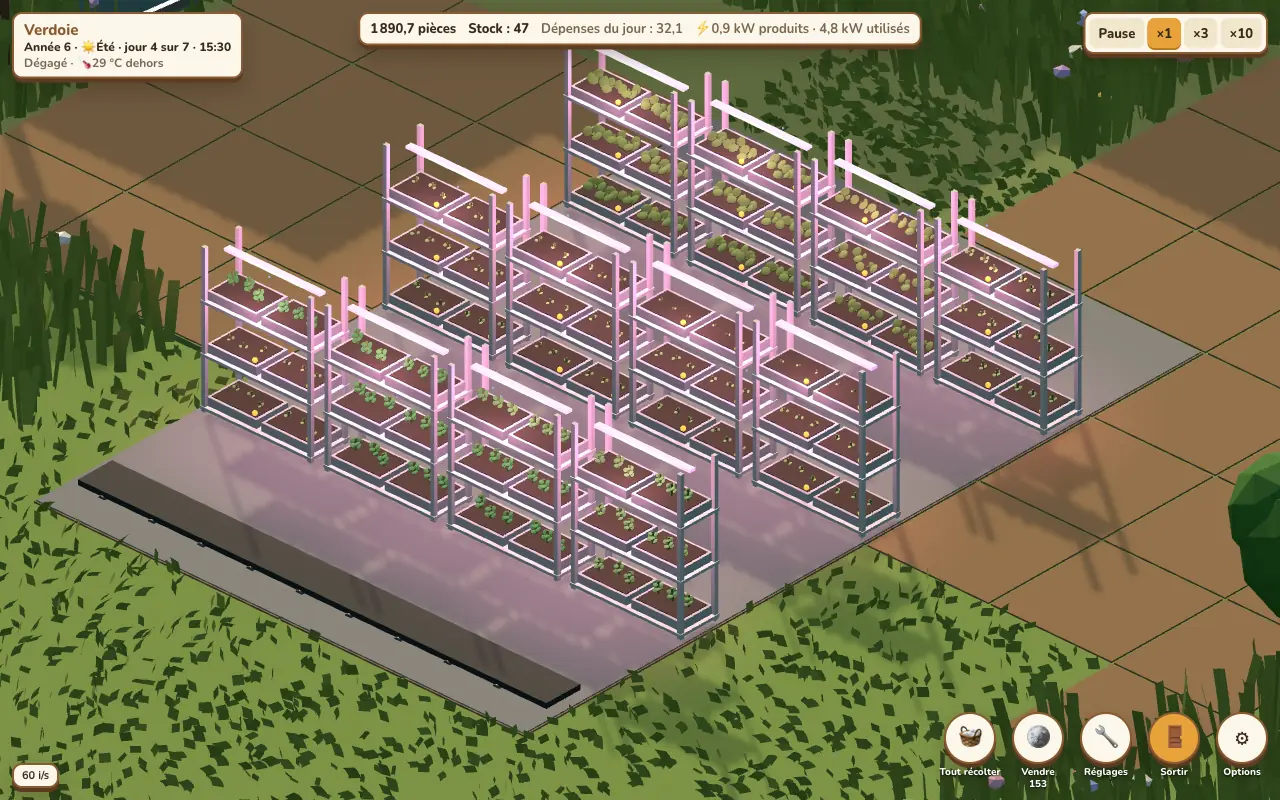 Rows of glowing grow shelves inside a greenhouse