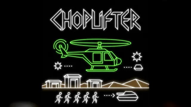 Un hélicoptère en fil de fer vert lumineux sous le mot Choplifter