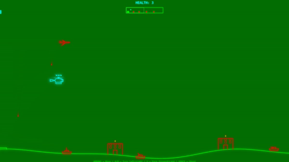 Un hélicoptère en fil de fer vert lumineux sous le mot Choplifter