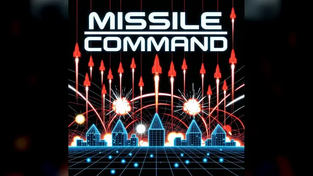 Des traînées de missiles rouges s'abattent sur une ville néon, sous le titre Missile Command